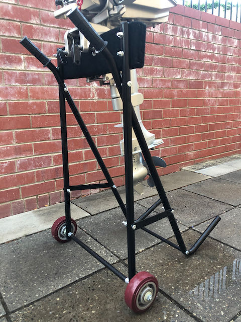 Outboard motor engine trolley with 5hp 4 stroke engine secured