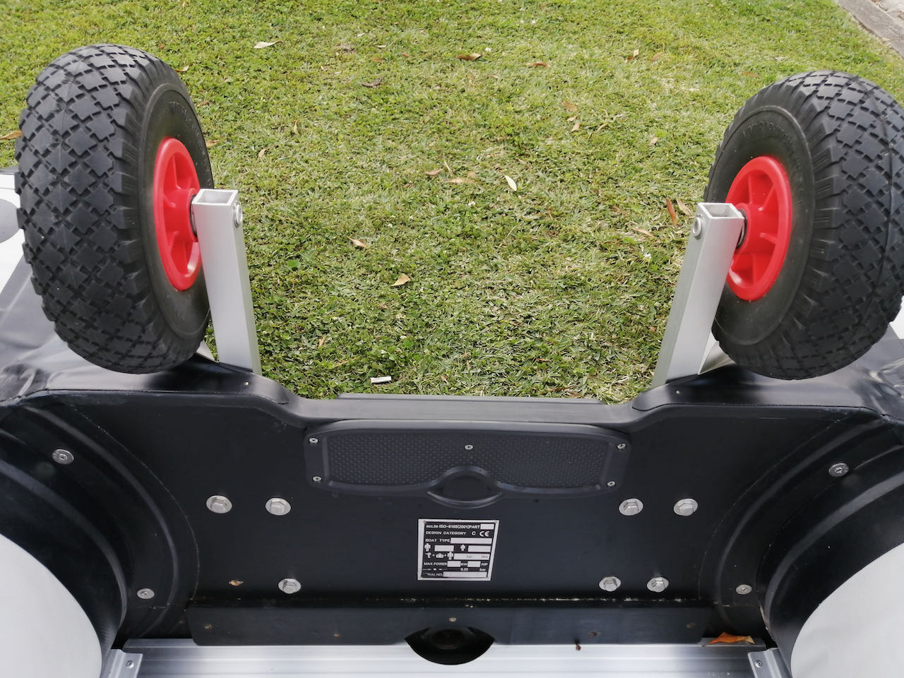 Boat launching wheels (heavy duty) in flipped up position, view from front top of transom