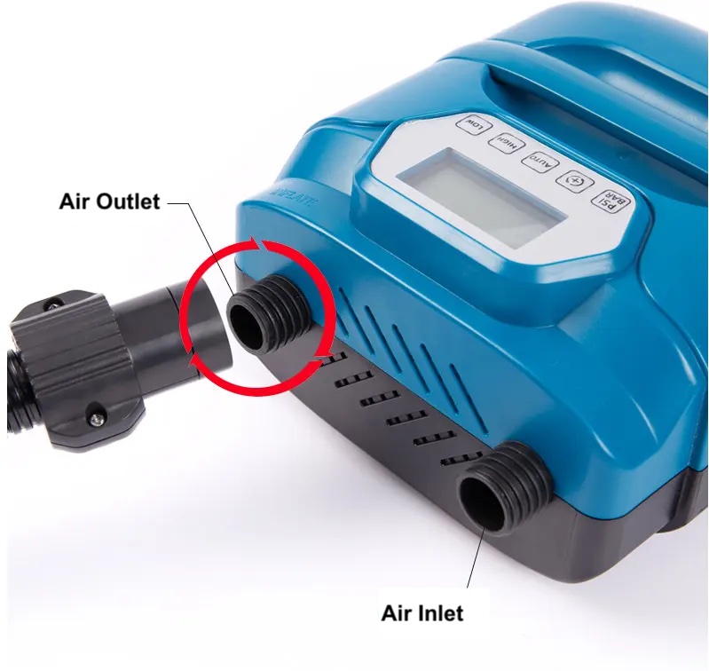 Air inlet and outlets of electric 12v pump for inflatable dinghy boat or SUP